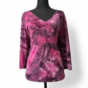 Y2K 2000s Whimsigoth Purple Pink Tie-Dye Three-Quarter Sleeve Top